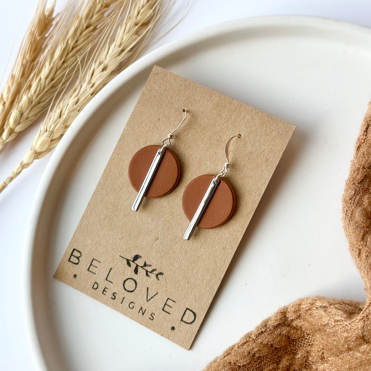 Cognac Leather Circle + Rhodium Bar Earrings