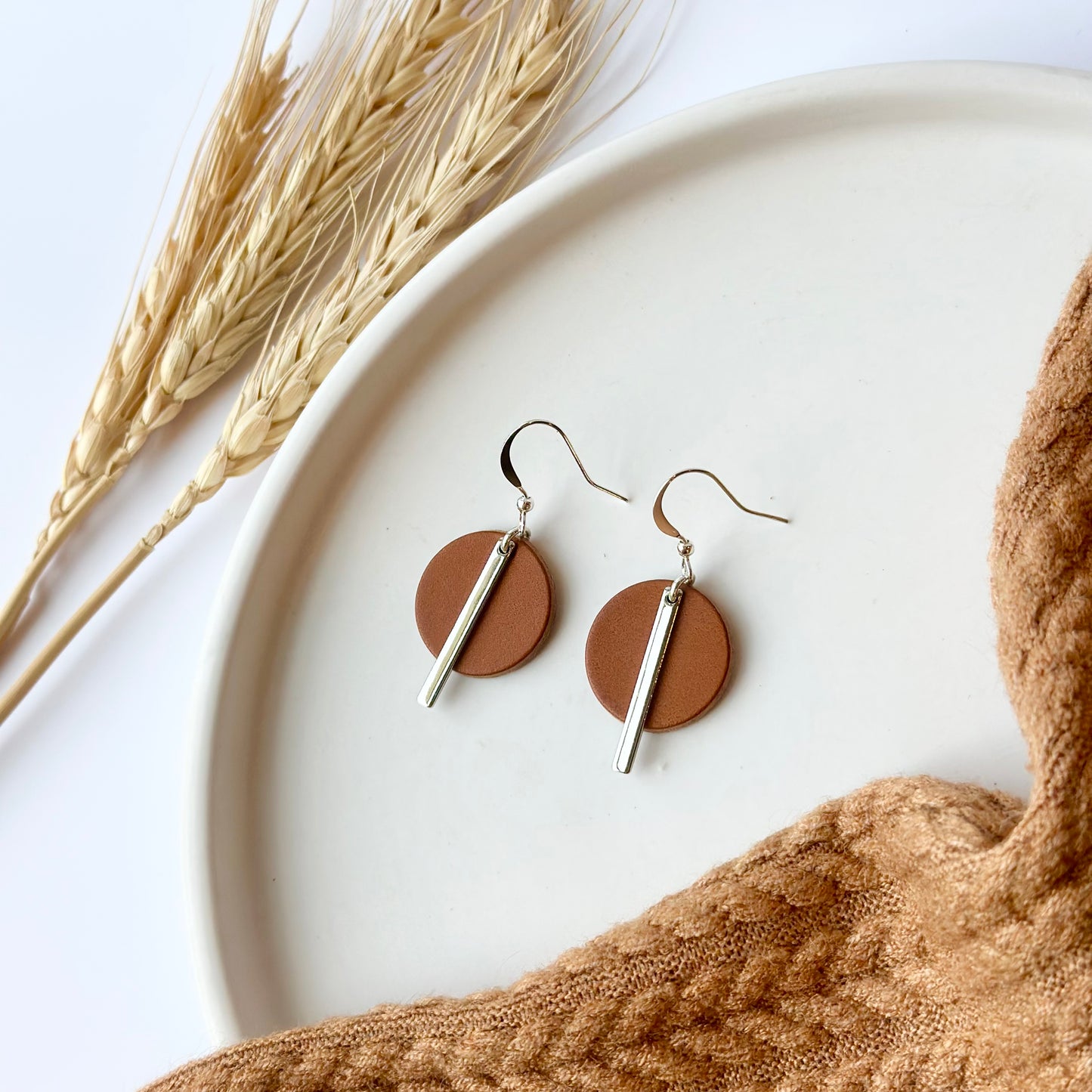 Cognac Leather Circle + Rhodium Bar Earrings