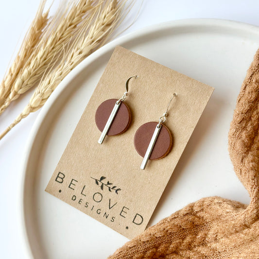 Nutmeg Leather Circle + Rhodium Bar Earrings