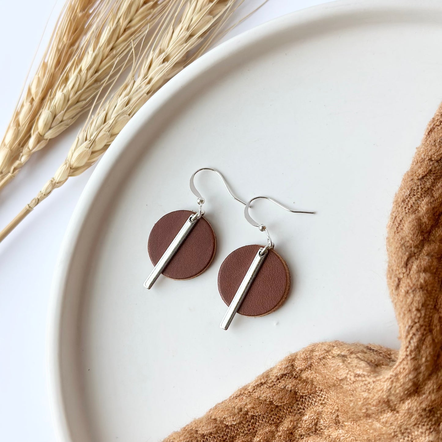 Nutmeg Leather Circle + Rhodium Bar Earrings