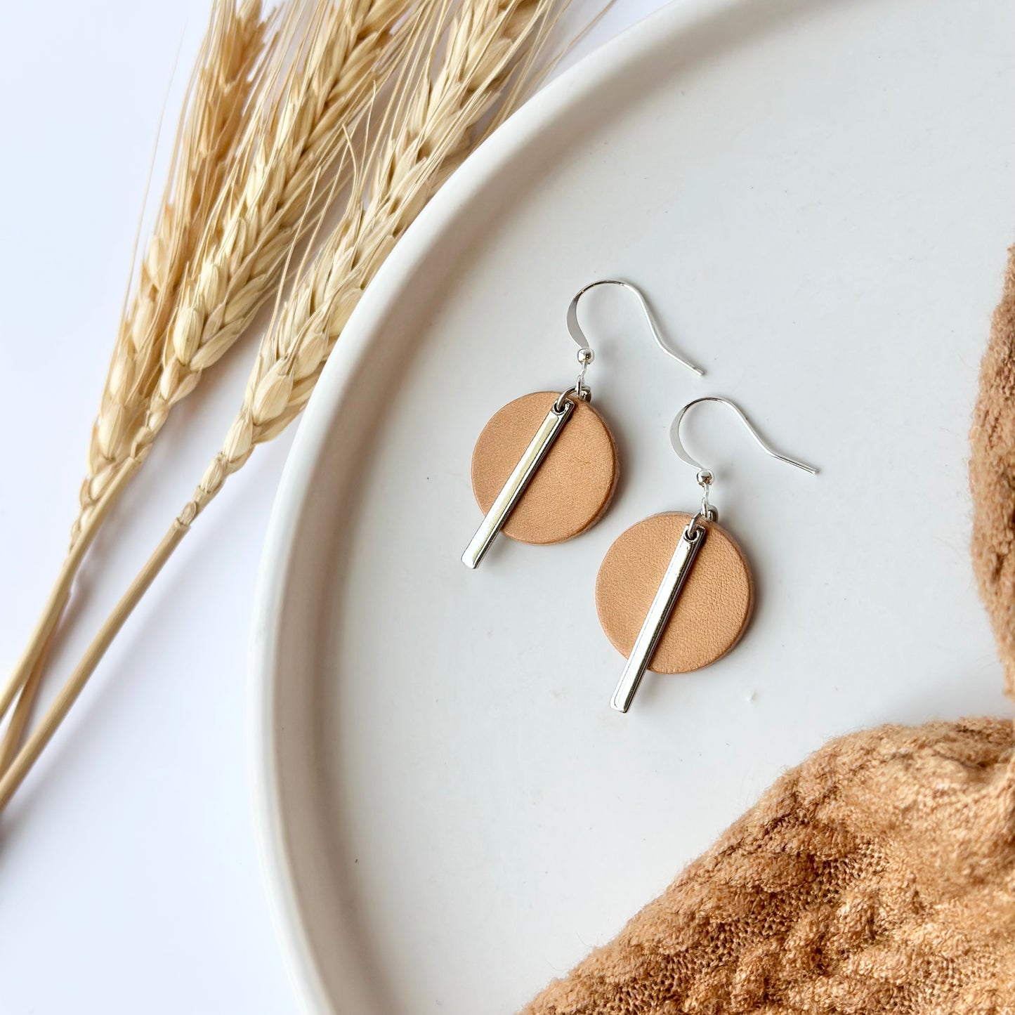 Natural Leather Circle + Rhodium Bar Earrings