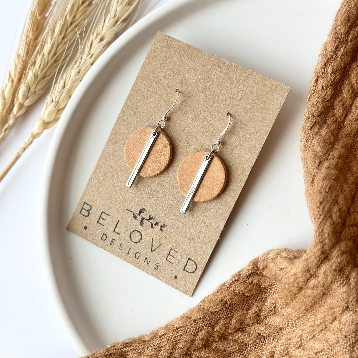 Natural Leather Circle + Rhodium Bar Earrings