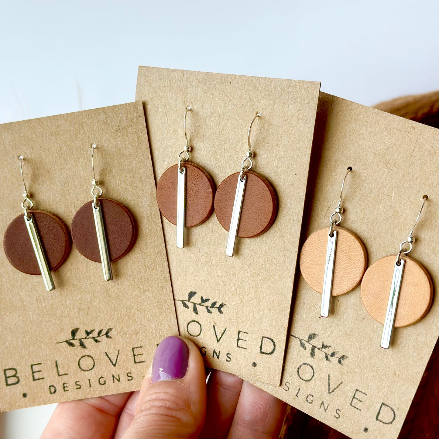 Natural Leather Circle + Rhodium Bar Earrings