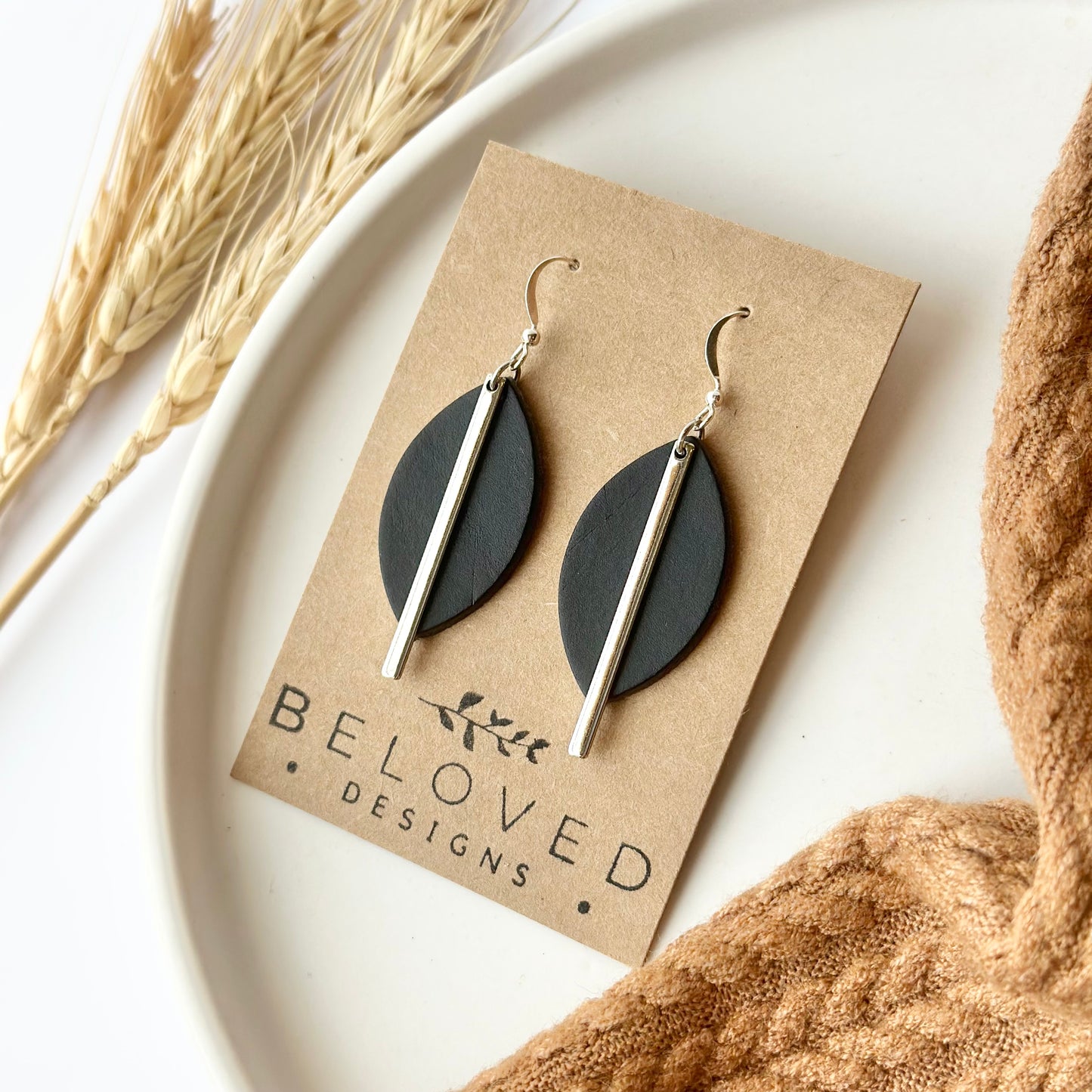 Black Leather Leaf + Rhodium Bar Earrings