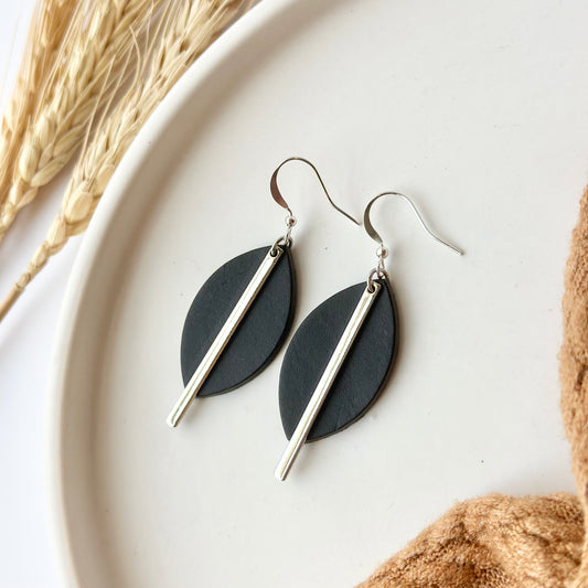 Black Leather Leaf + Rhodium Bar Earrings