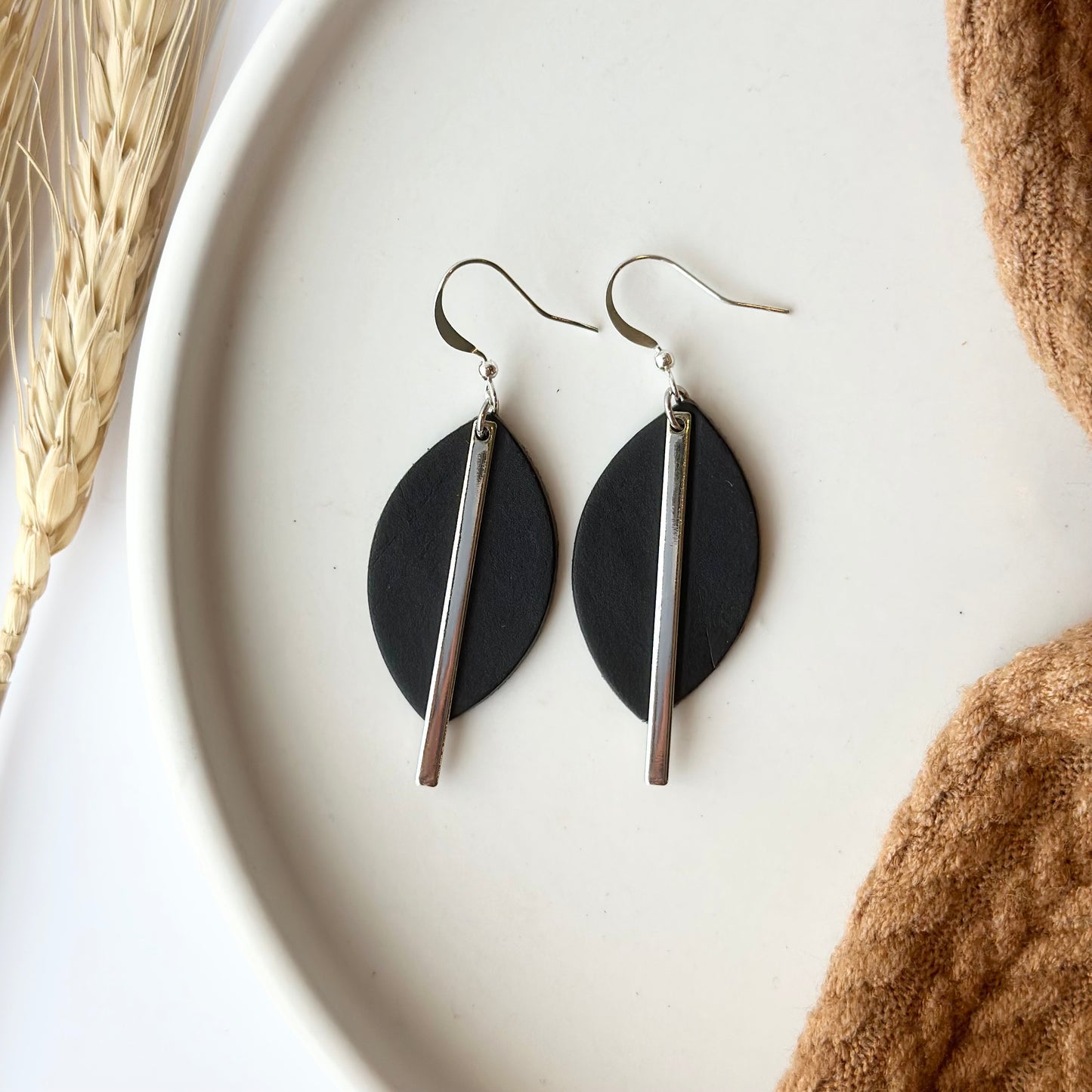 Black Leather Leaf + Rhodium Bar Earrings