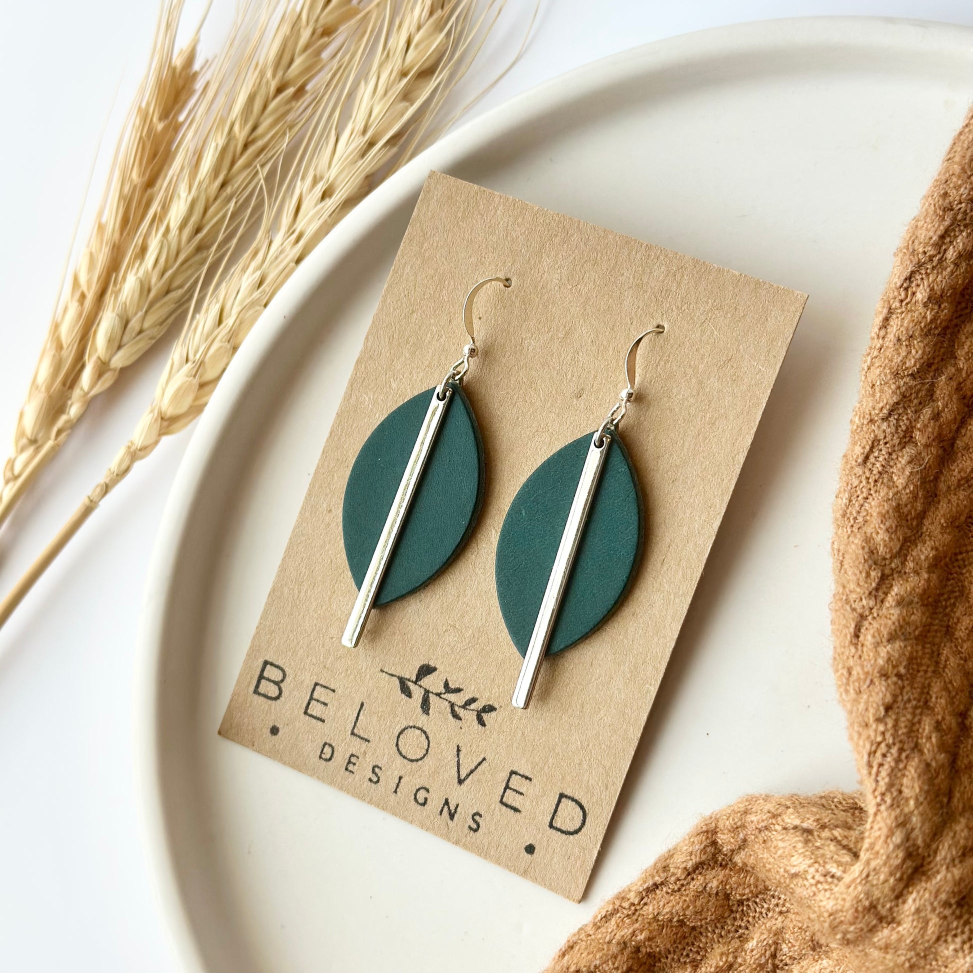 Deep Teal Leather Leaf Rhodium Bar Earrings1