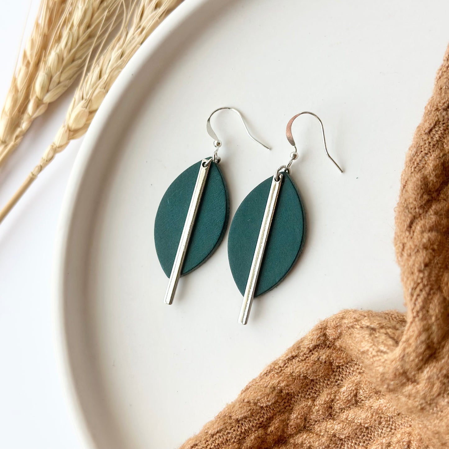 Deep Teal Leather Leaf + Rhodium Bar Earrings