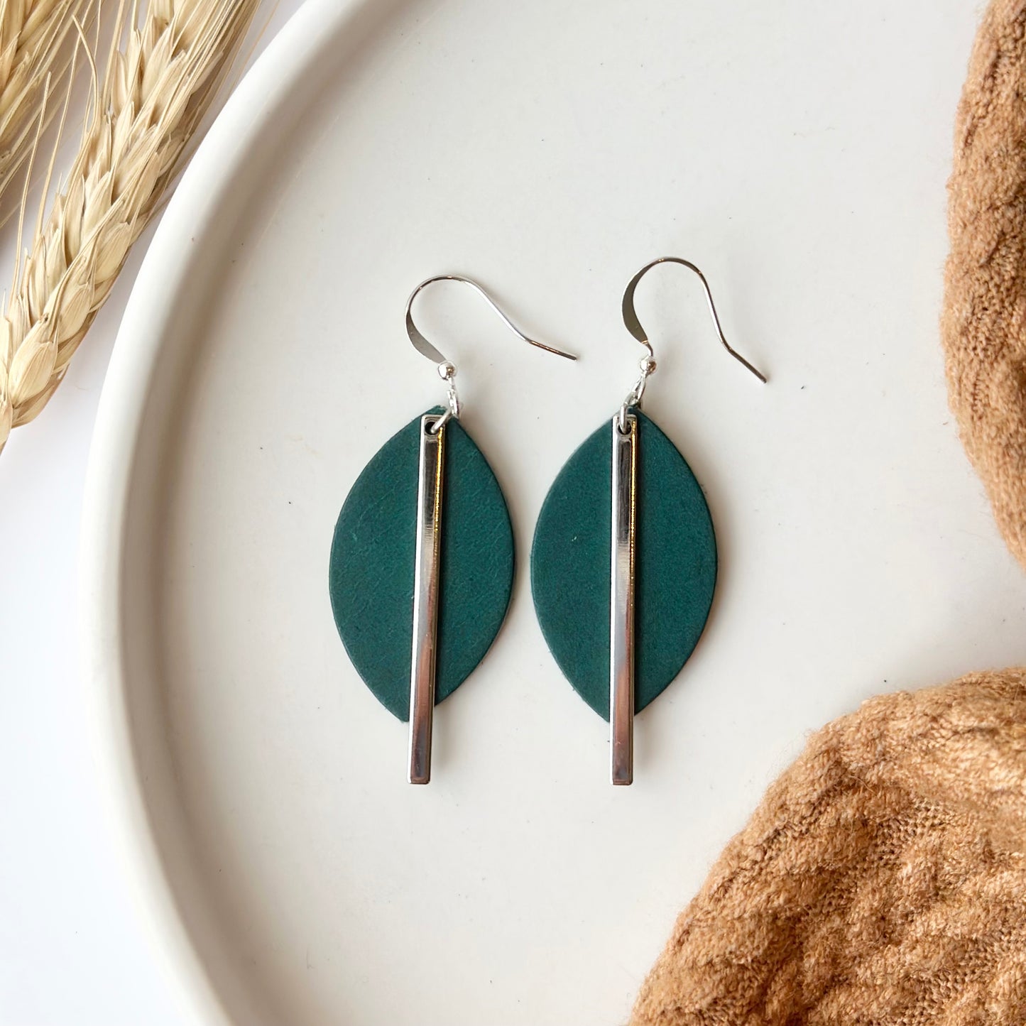 Deep Teal Leather Leaf + Rhodium Bar Earrings