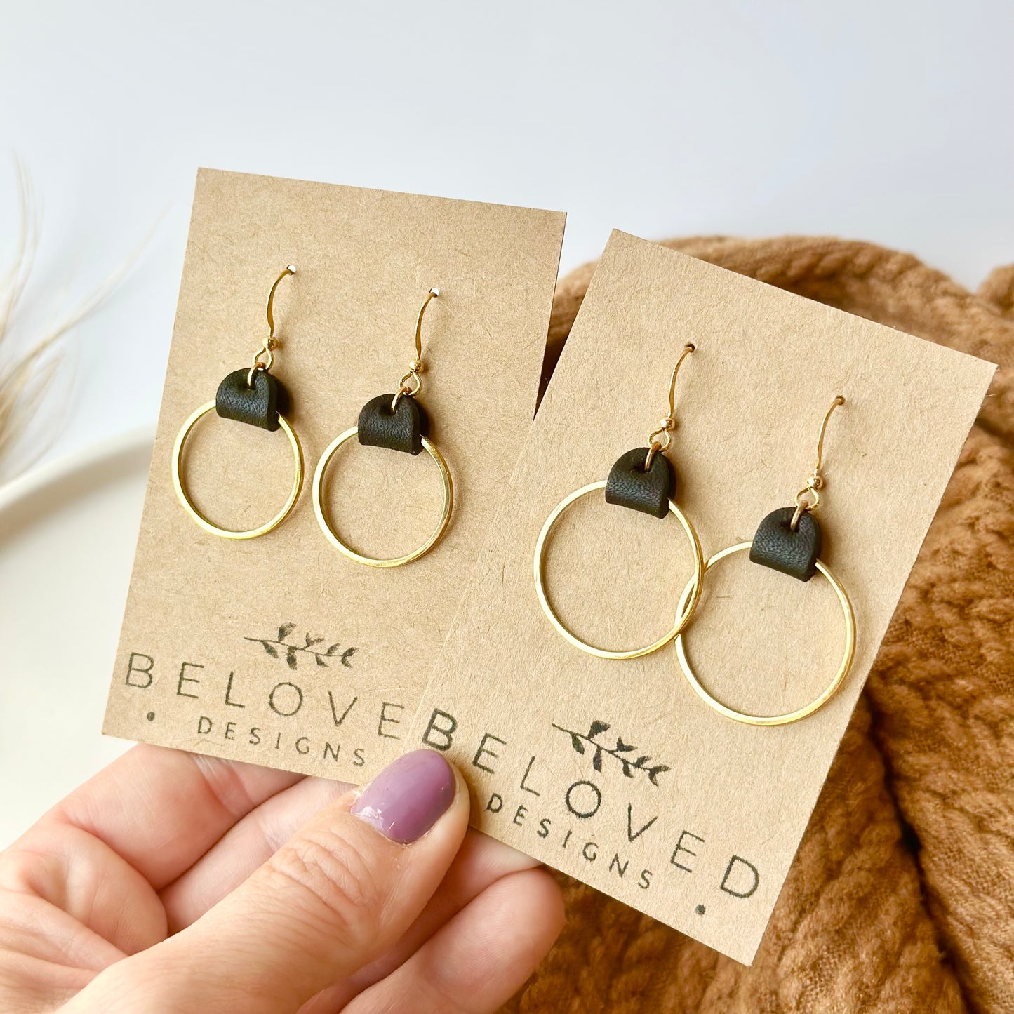 Black Leather + Gold Hoop Earrings - Medium