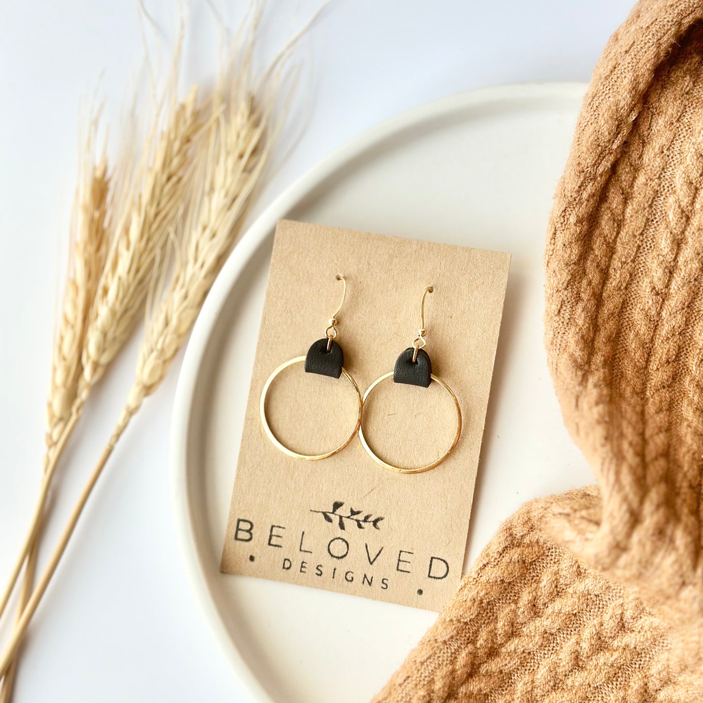 Black Leather + Gold Hoop Earrings - Medium