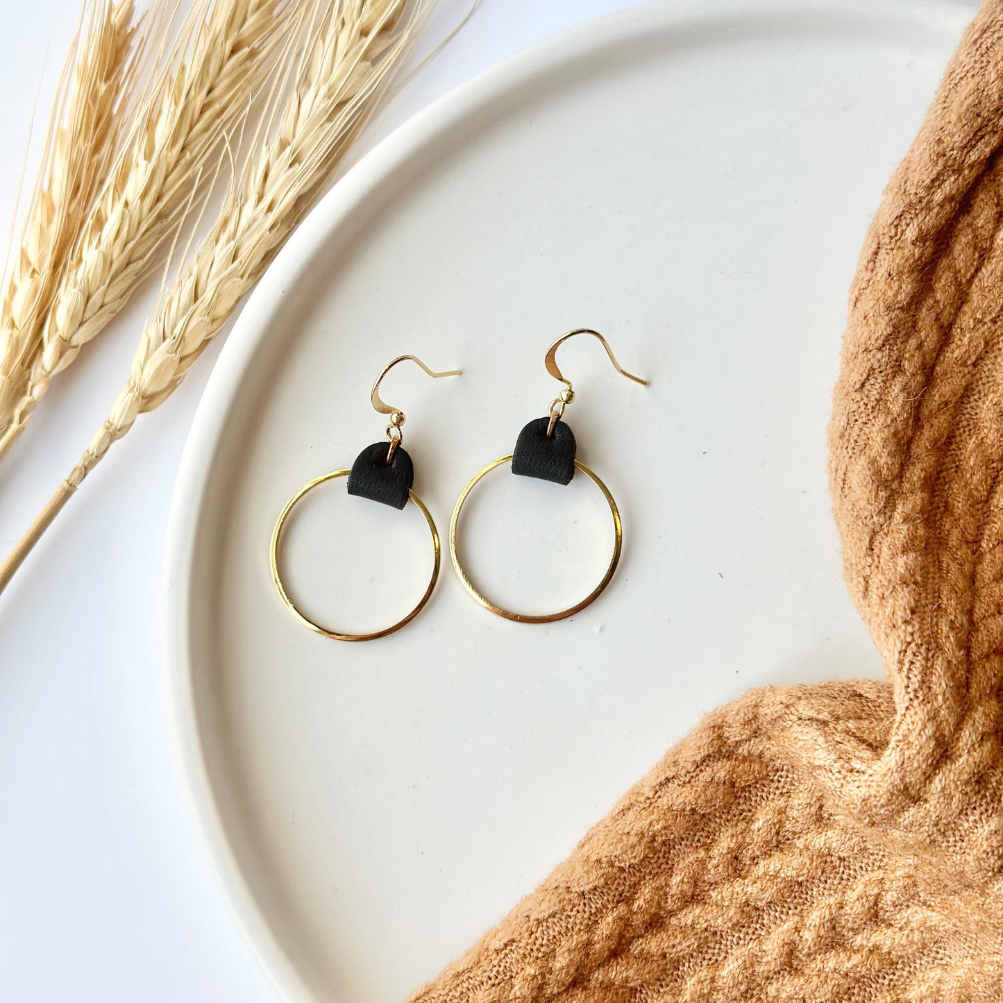 Black Leather + Gold Hoop Earrings - Medium