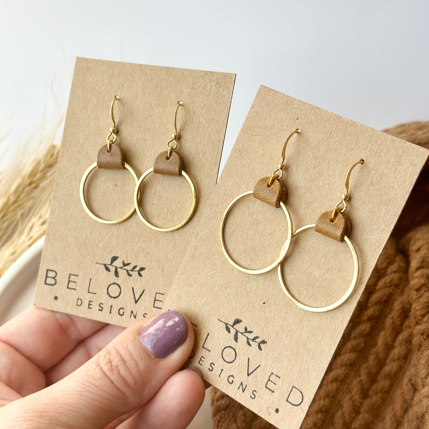 Camel Leather + Gold Hoop Earrings - Medium