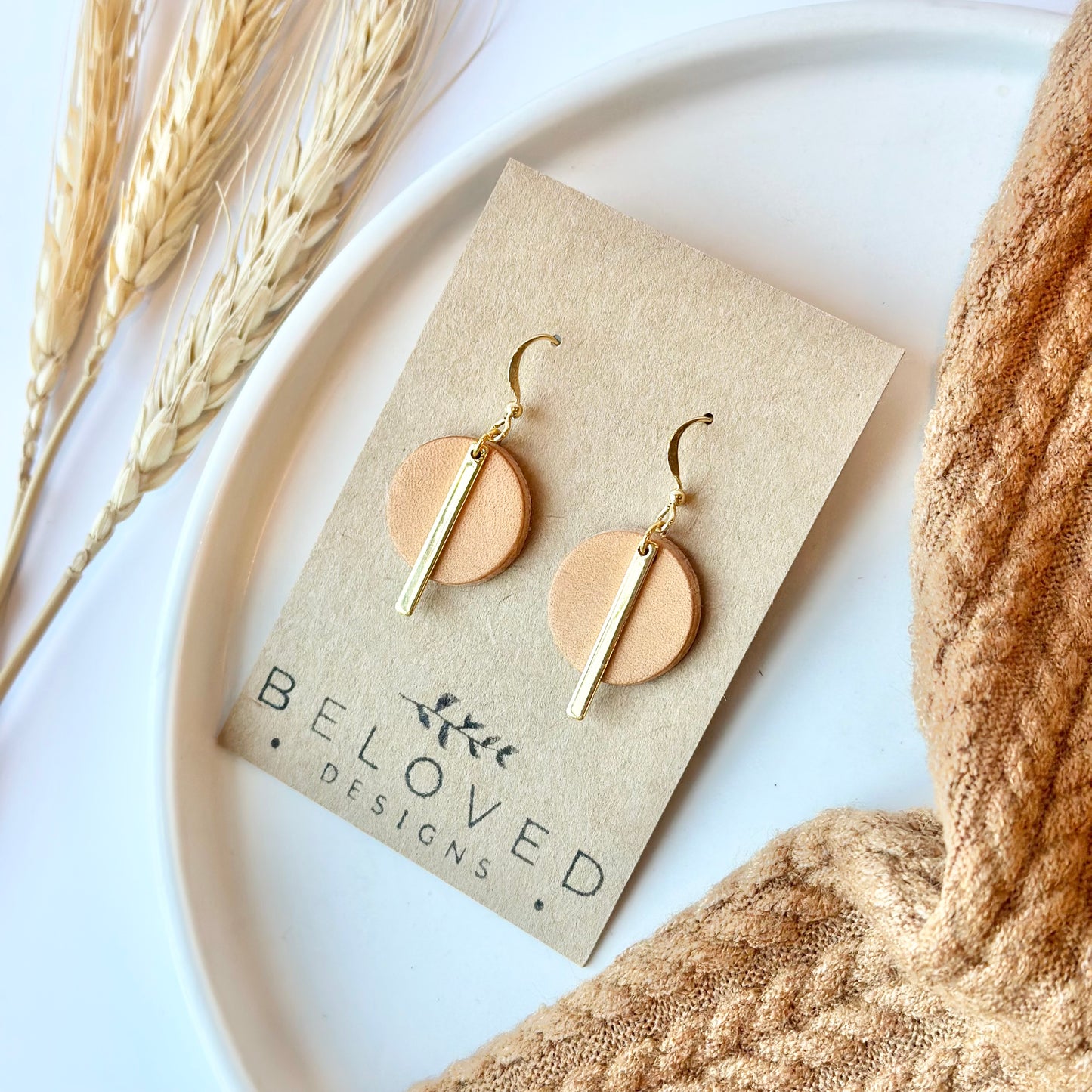 Natural Leather Circle + Gold Bar Earrings