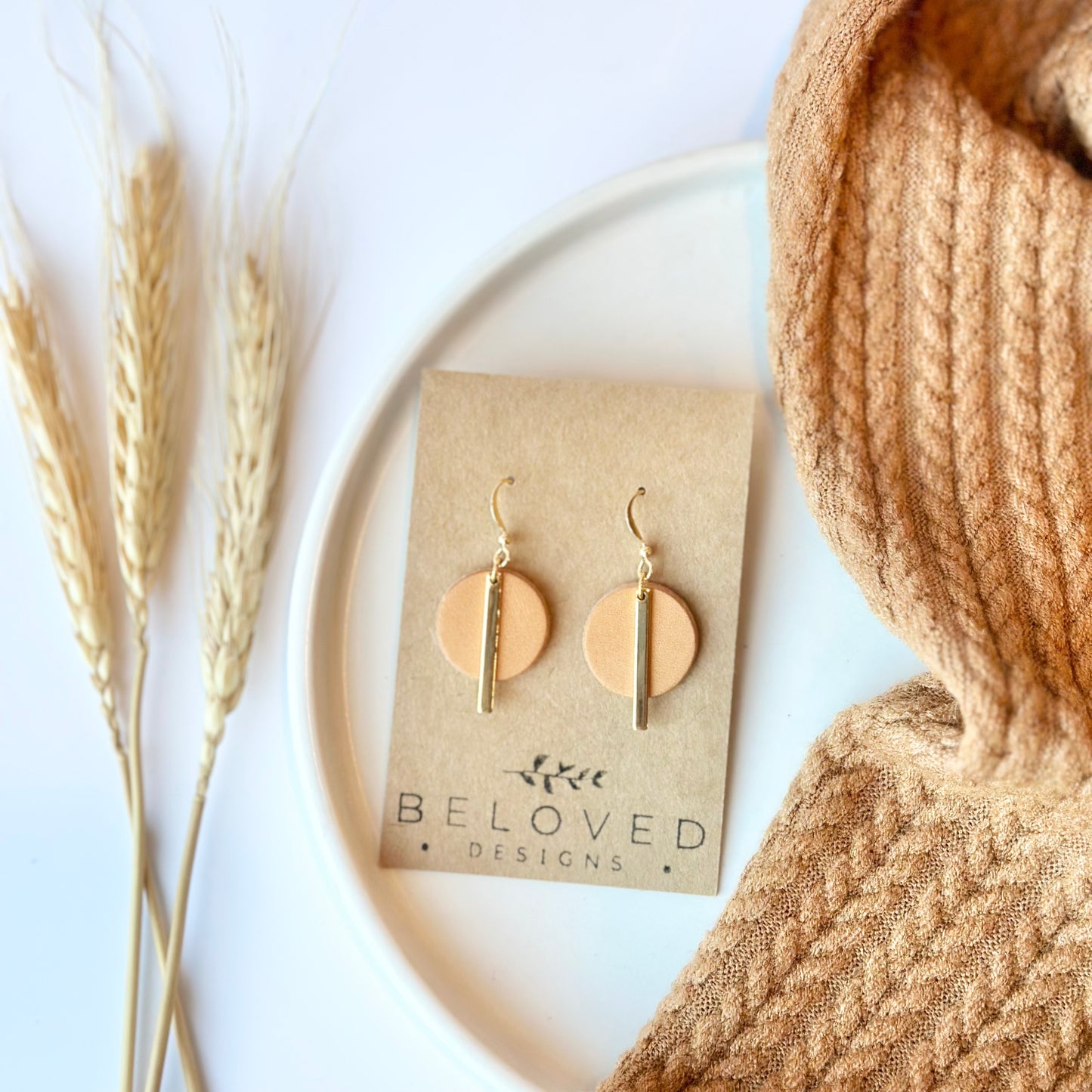 Natural Leather Circle + Gold Bar Earrings