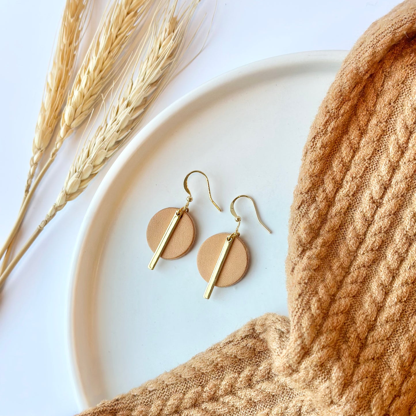 Natural Leather Circle + Gold Bar Earrings