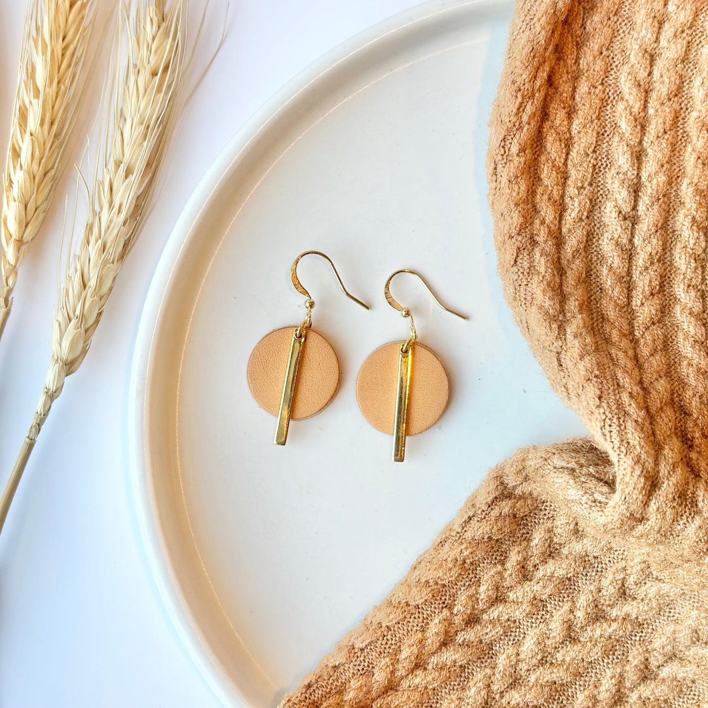 Natural Leather Circle + Gold Bar Earrings