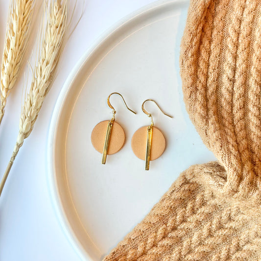 Leather Circle + Gold Bar Earrings | Natural