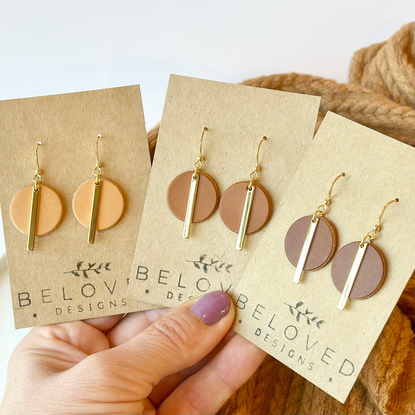 Natural Leather Circle + Gold Bar Earrings