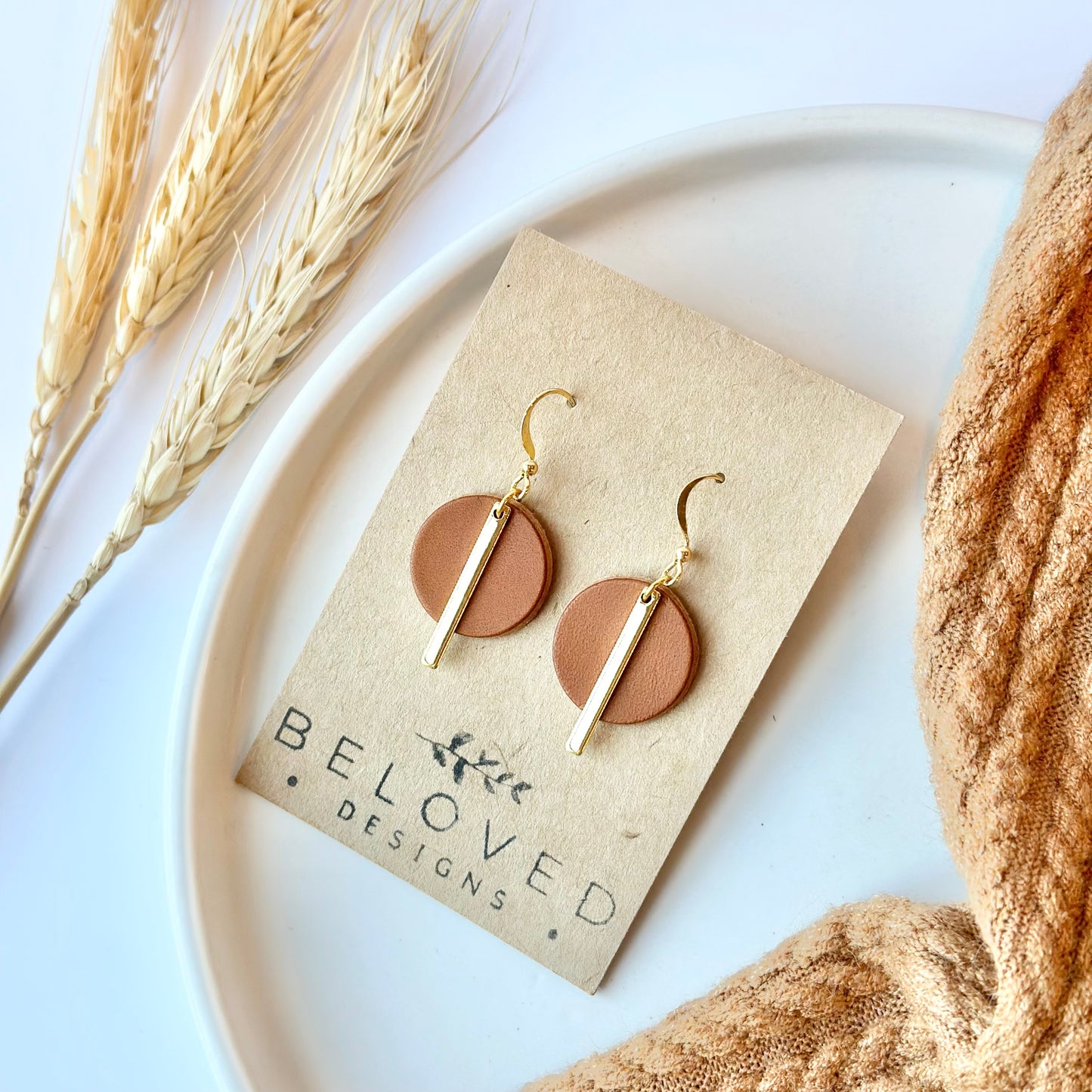 Cognac Leather Circle + Gold Bar Earrings