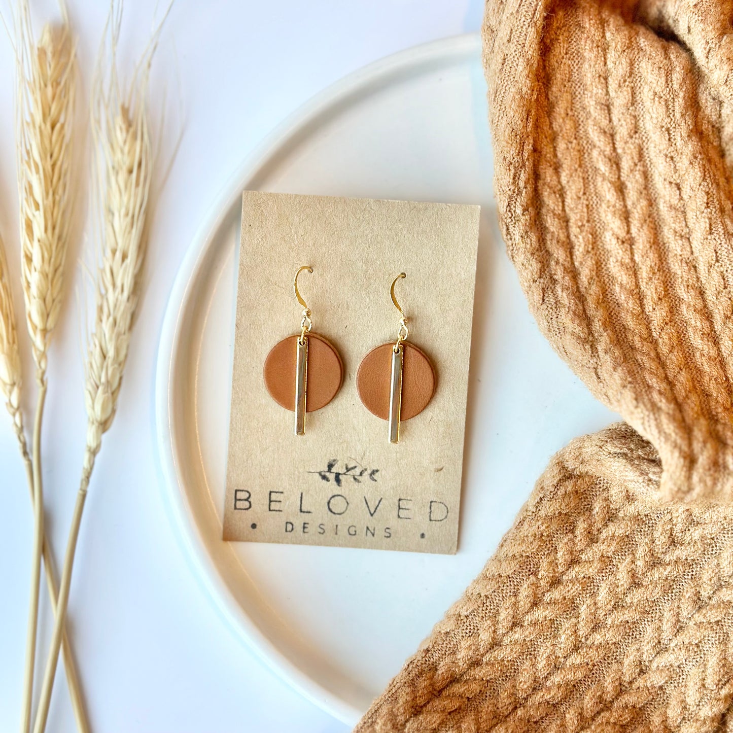 Cognac Leather Circle + Gold Bar Earrings