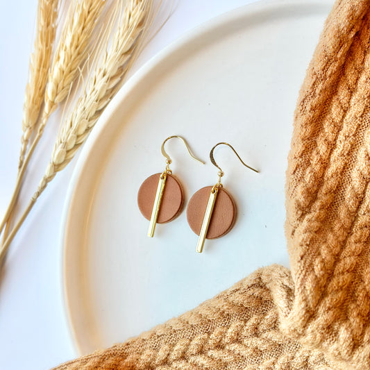 Cognac Leather Circle + Gold Bar Earrings