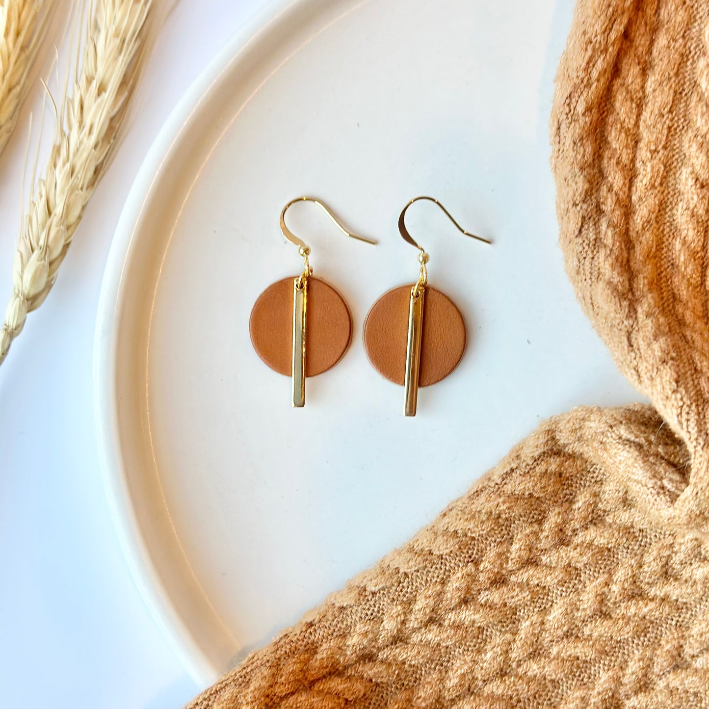 Cognac Leather Circle + Gold Bar Earrings