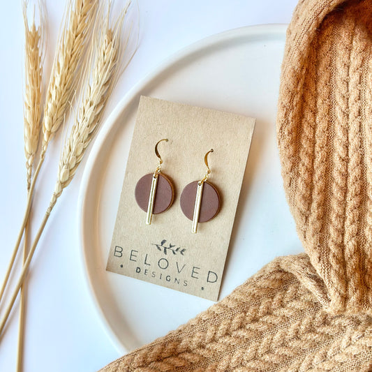 Nutmeg Leather Circle + Gold Bar Earrings