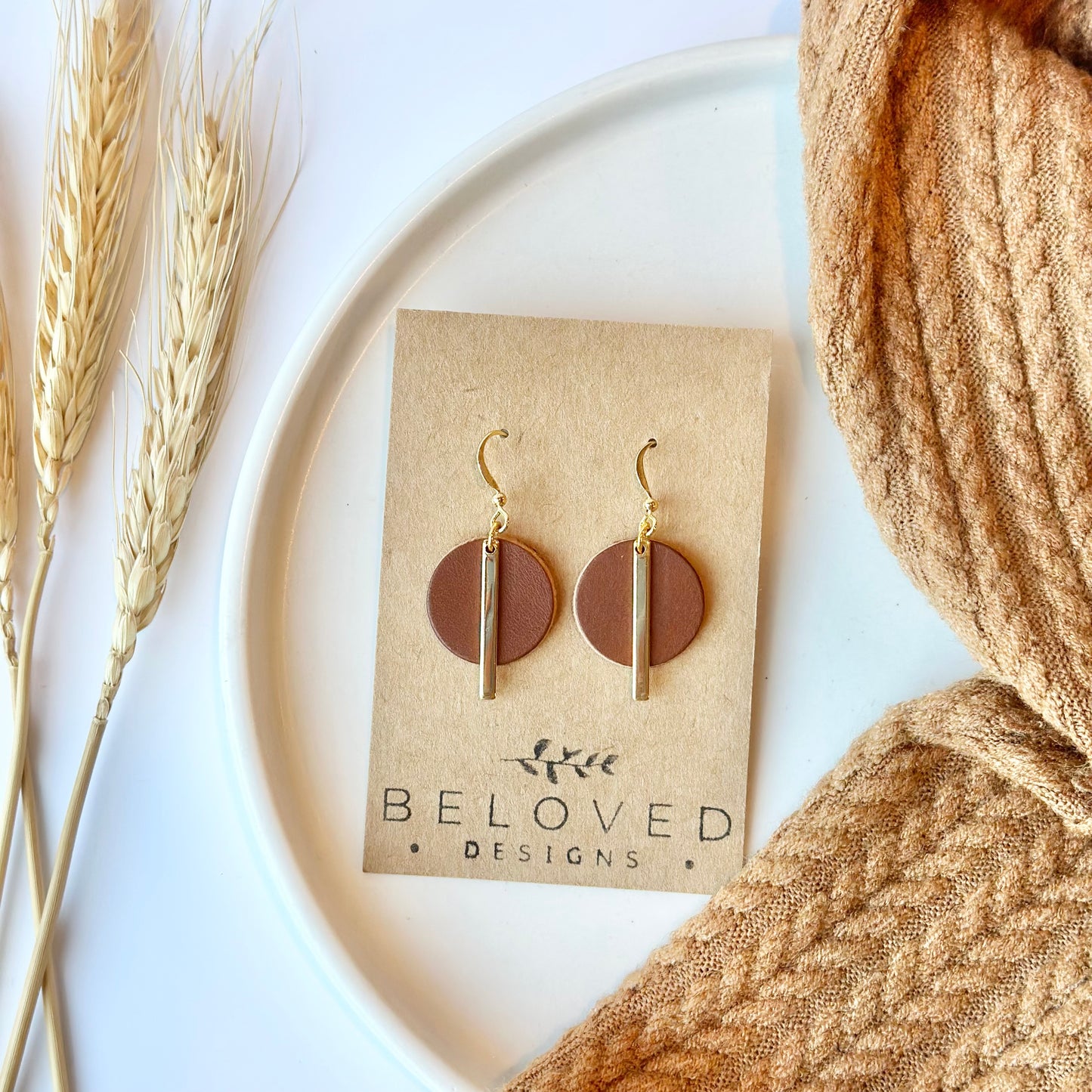 Nutmeg Leather Circle + Gold Bar Earrings