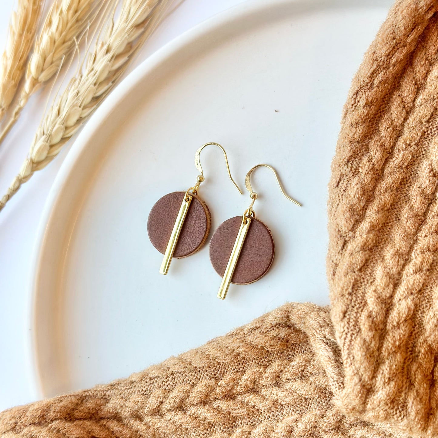 Nutmeg Leather Circle + Gold Bar Earrings