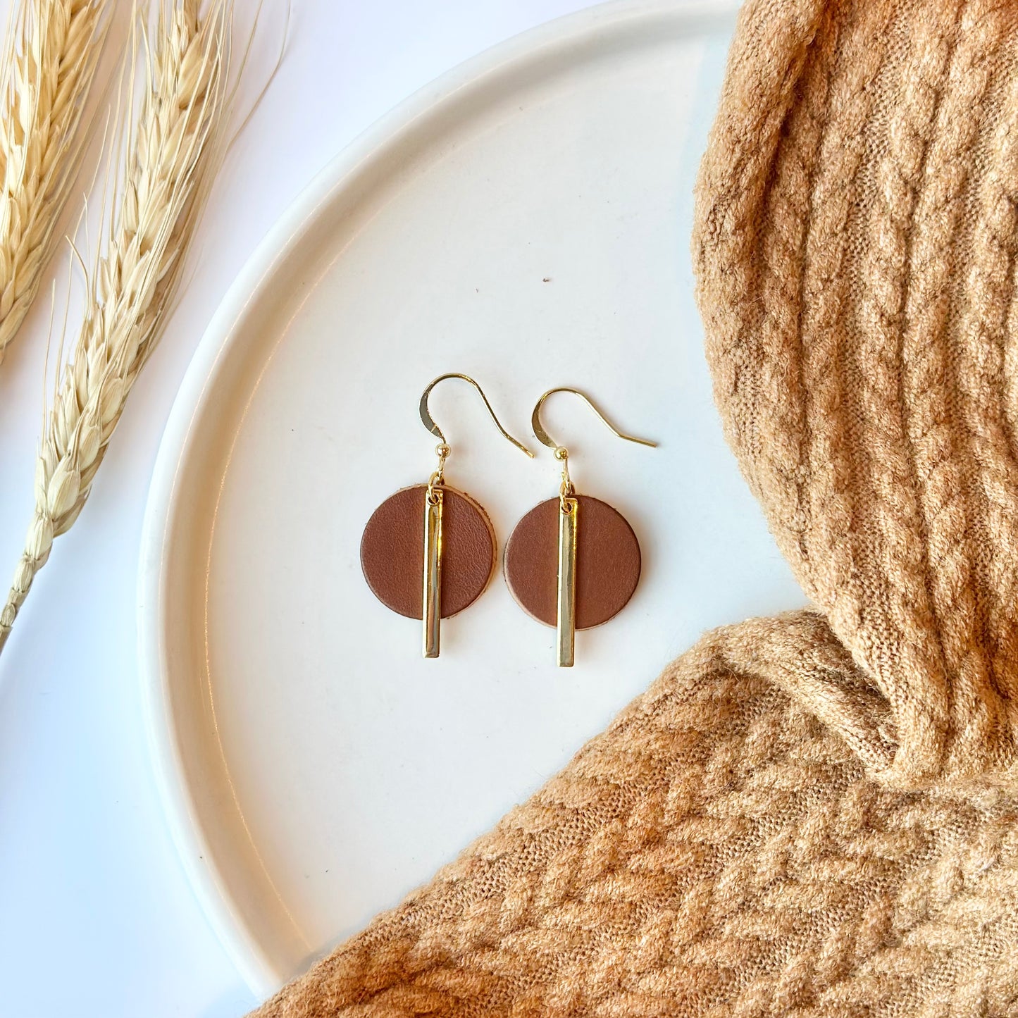 Nutmeg Leather Circle + Gold Bar Earrings