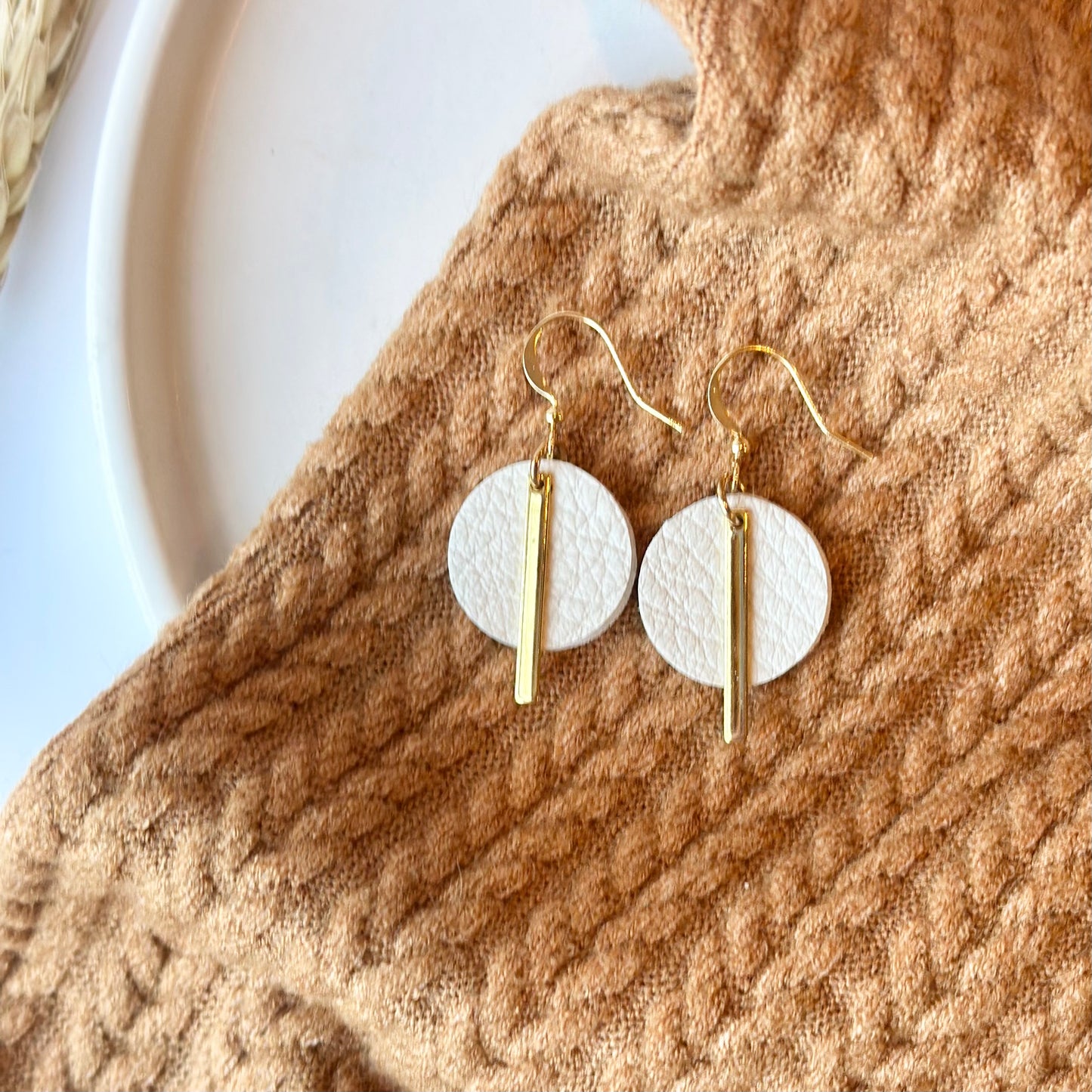 Cream Leather Circle + Gold Bar Earrings