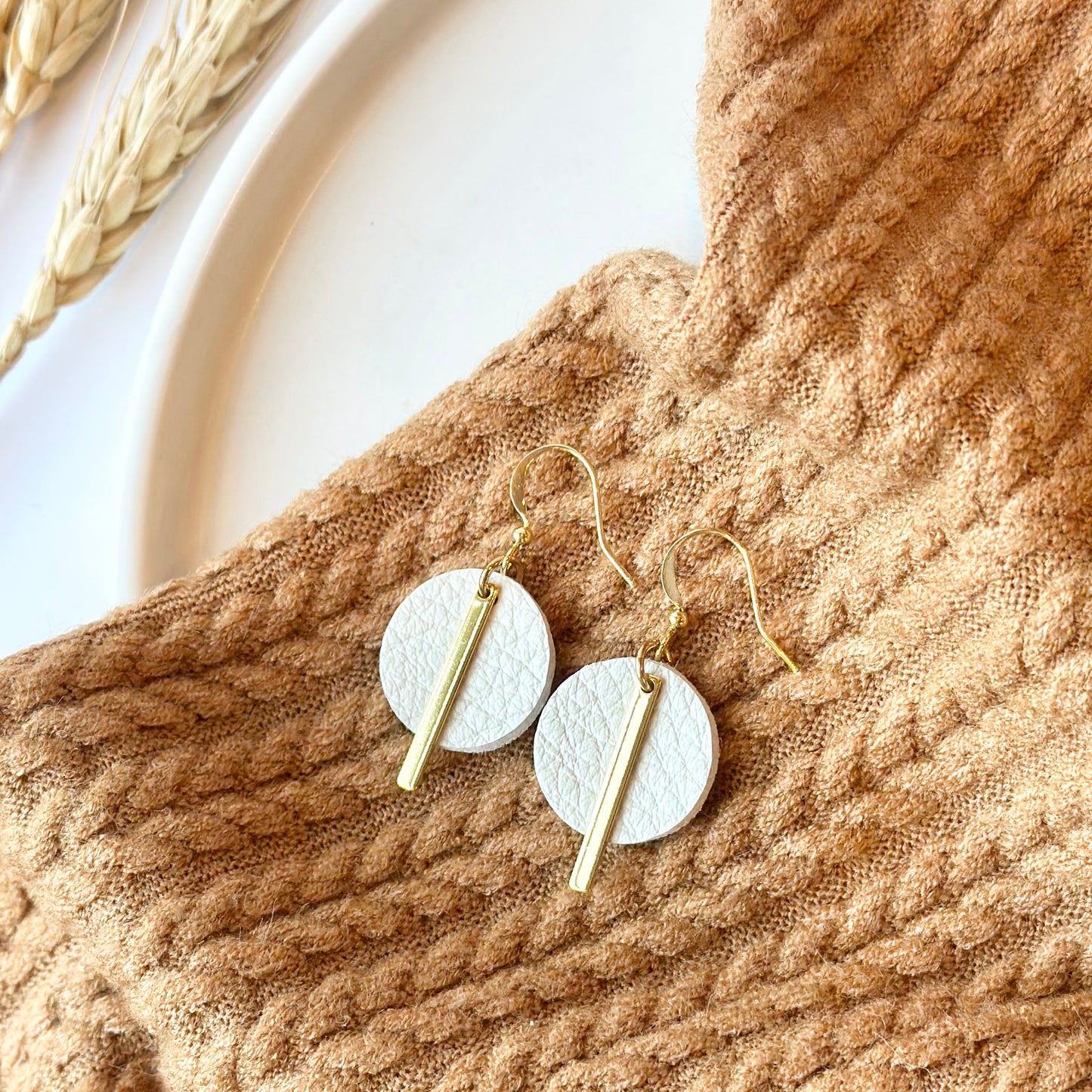 Cream Leather Circle + Gold Bar Earrings