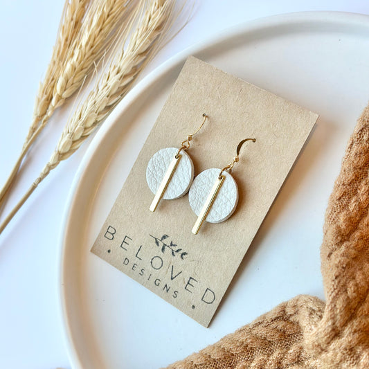 Cream Leather Circle + Gold Bar Earrings