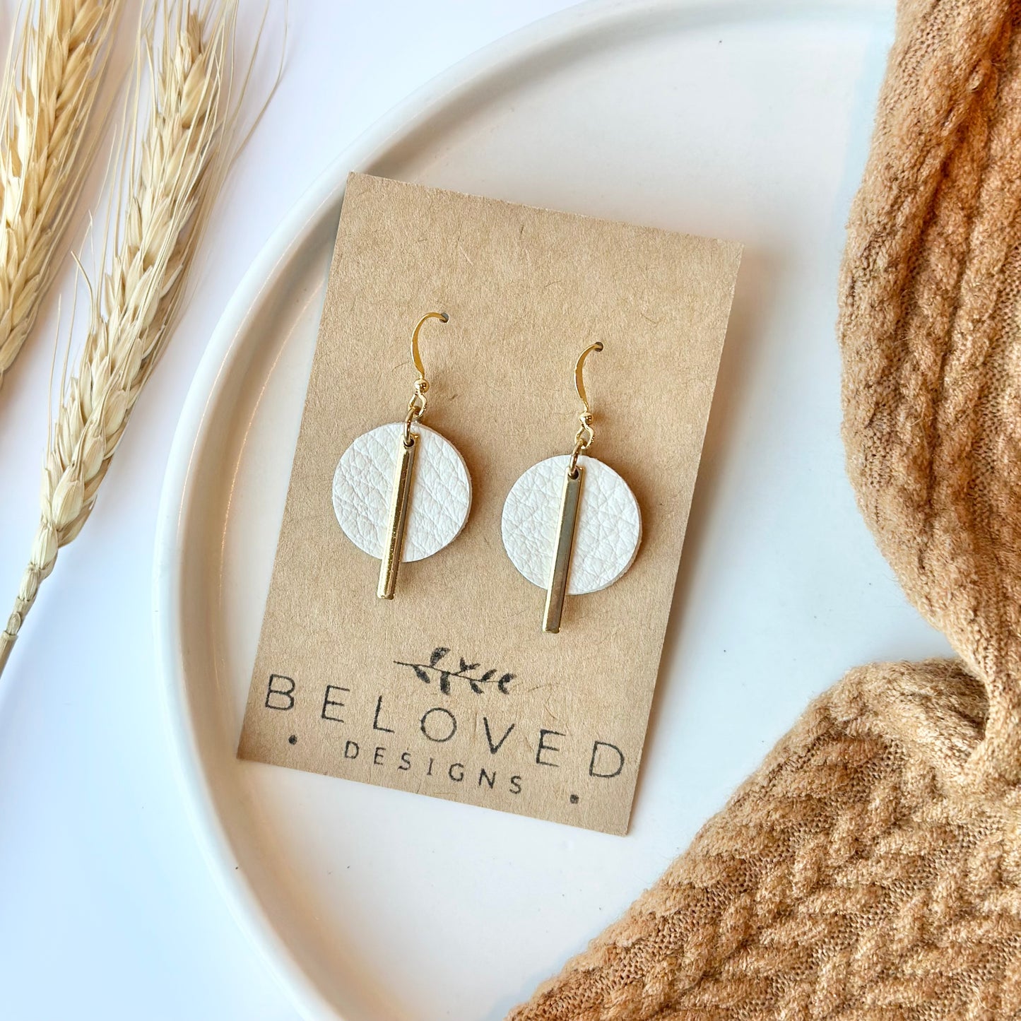 Cream Leather Circle + Gold Bar Earrings