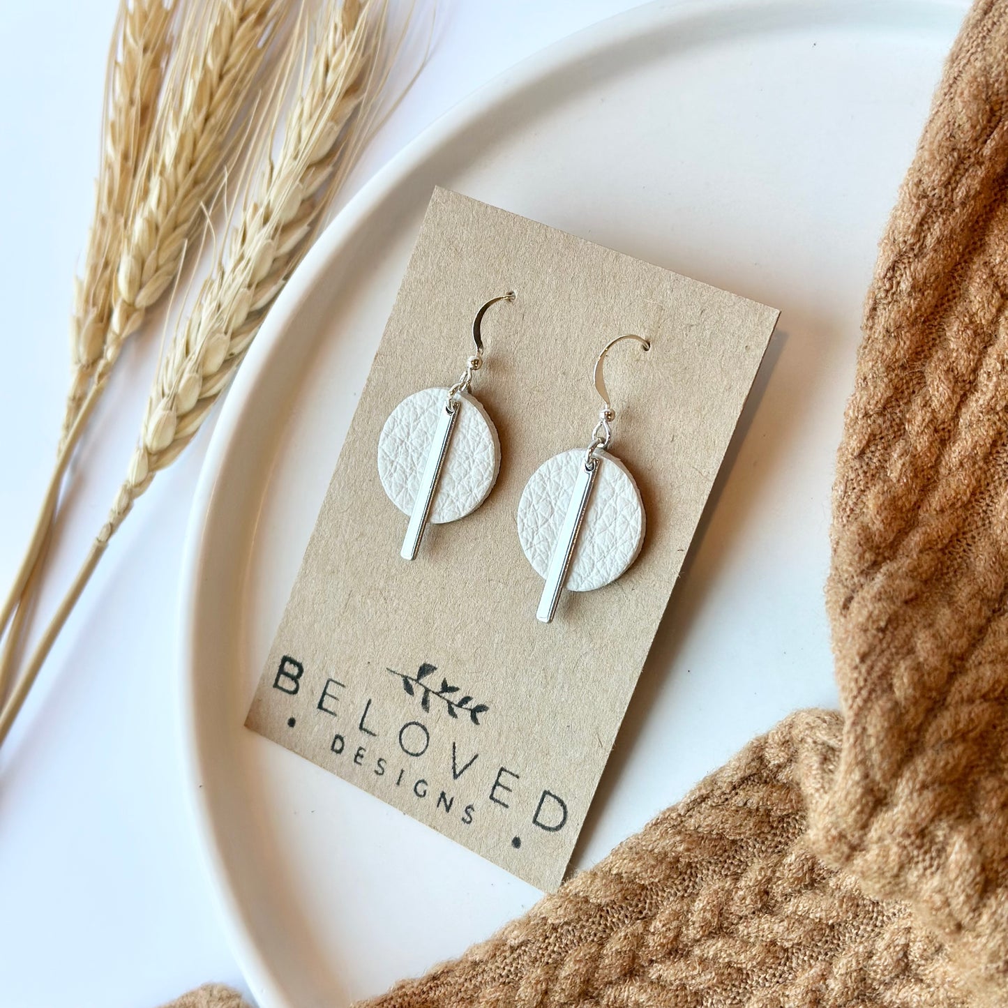 Cream Leather Circle + Rhodium Bar Earrings