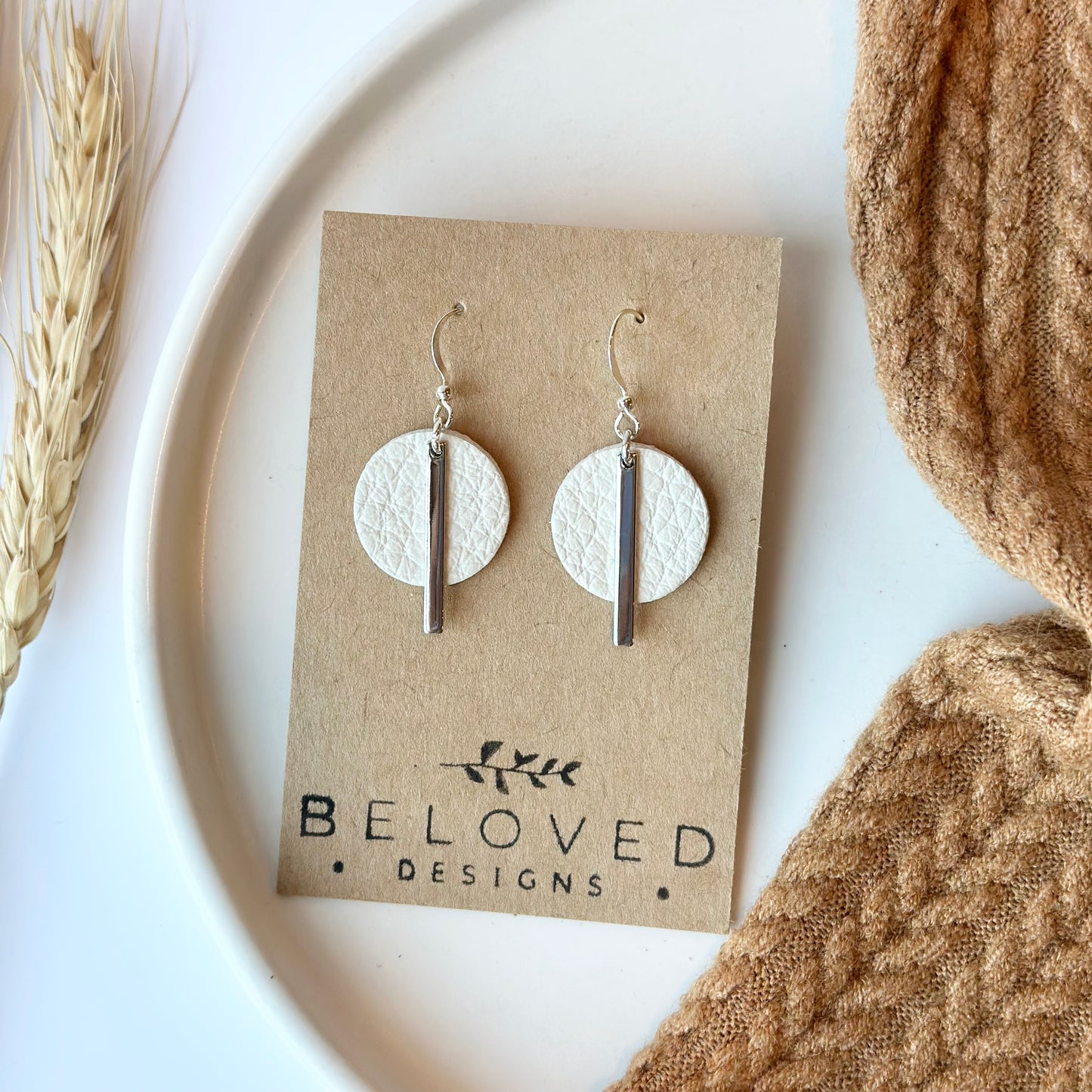 Cream Leather Circle + Rhodium Bar Earrings