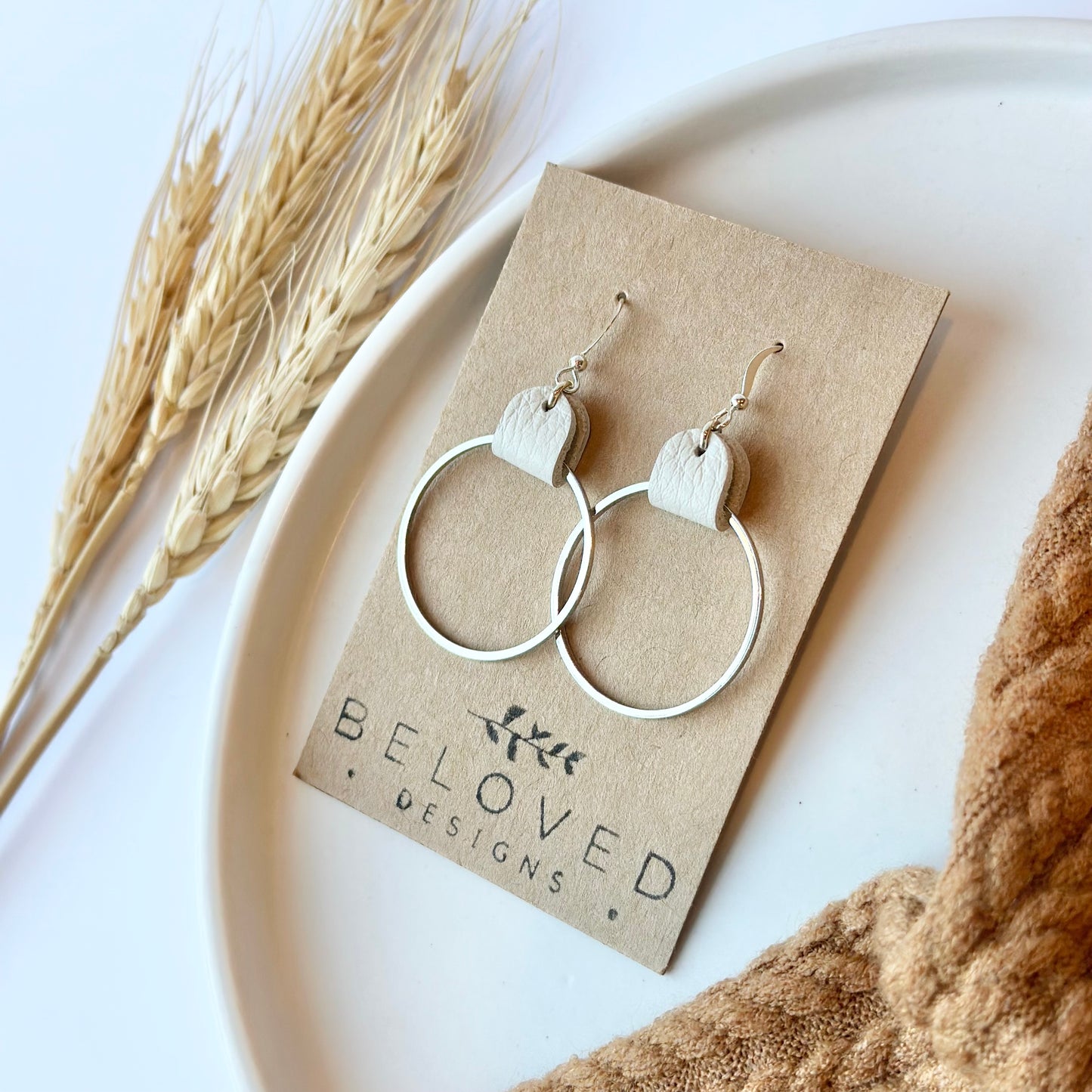 Cream Leather + Rhodium Hoop Earrings - Large