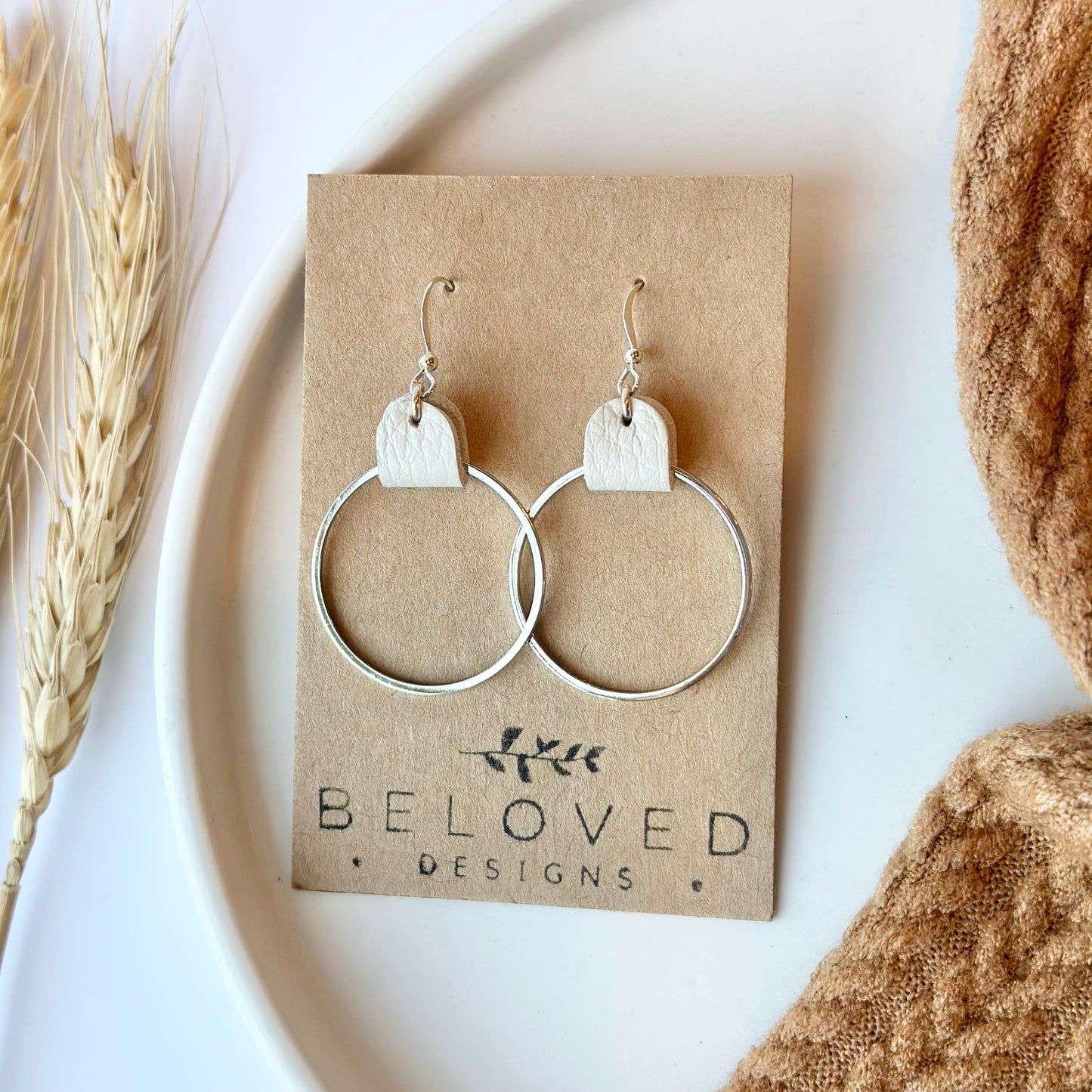 Cream Leather + Rhodium Hoop Earrings - Large