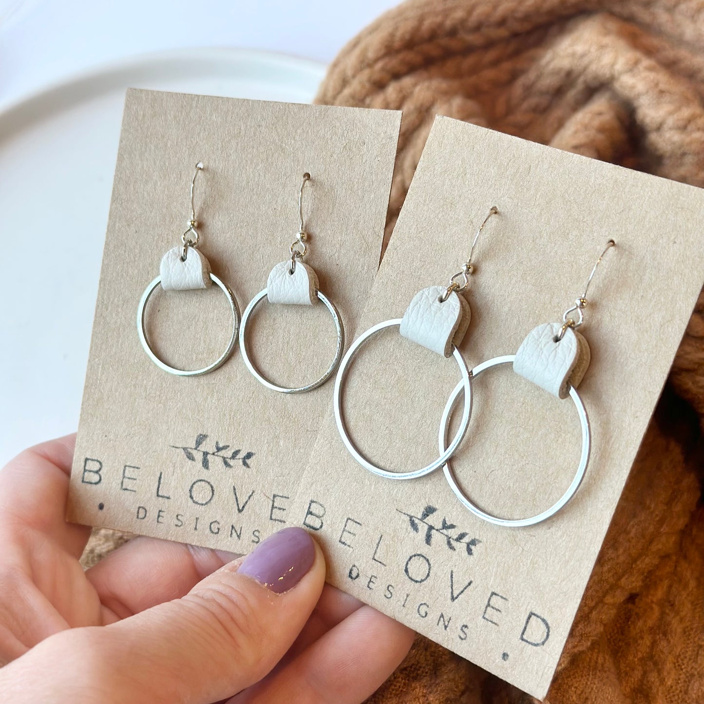 Cream Leather + Rhodium Hoop Earrings - Large