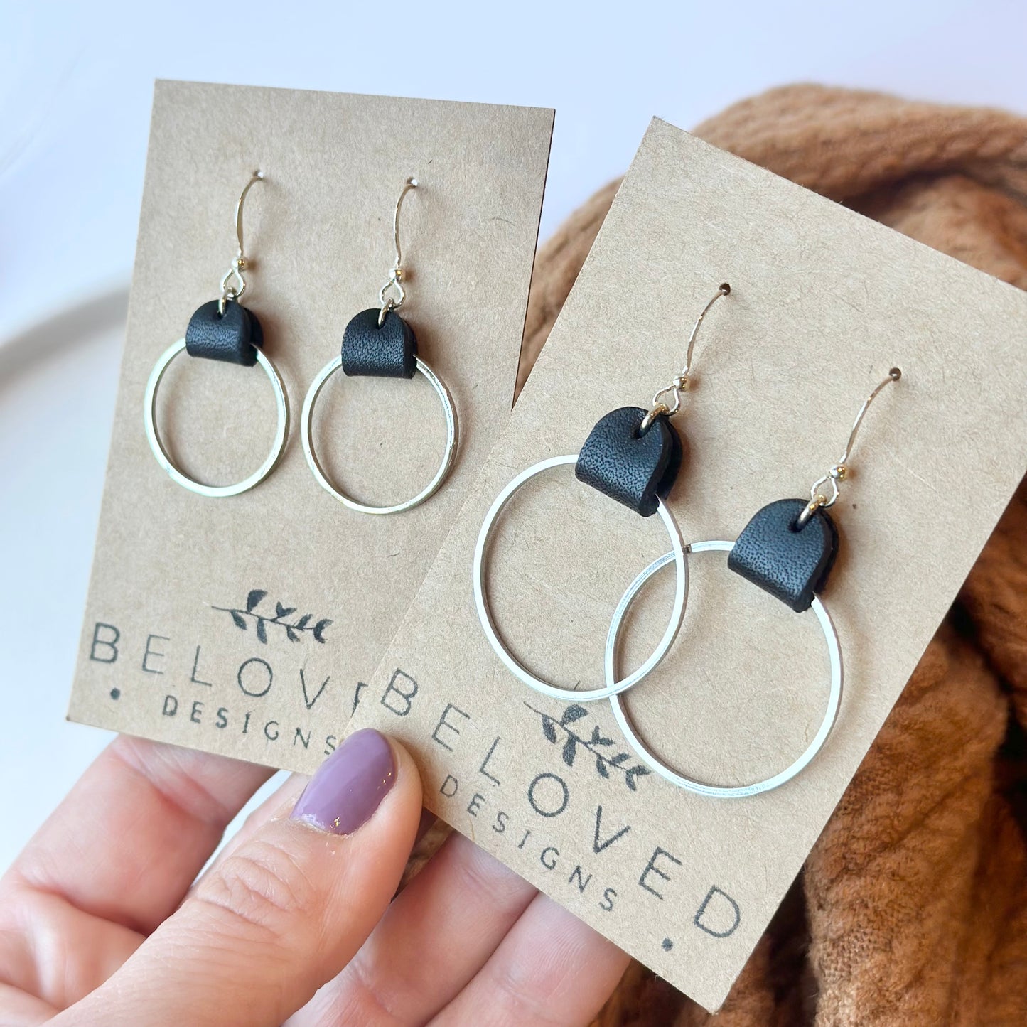 Black Leather + Rhodium Hoop Earrings - Large