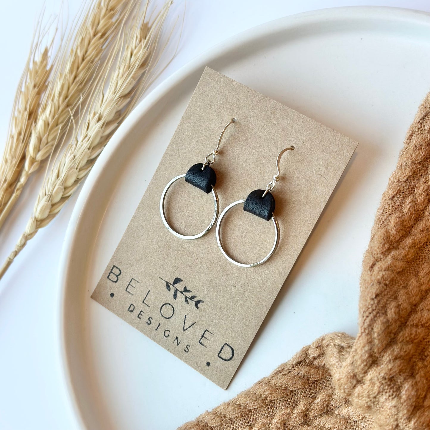 Black Leather + Rhodium Hoop Earrings - Small