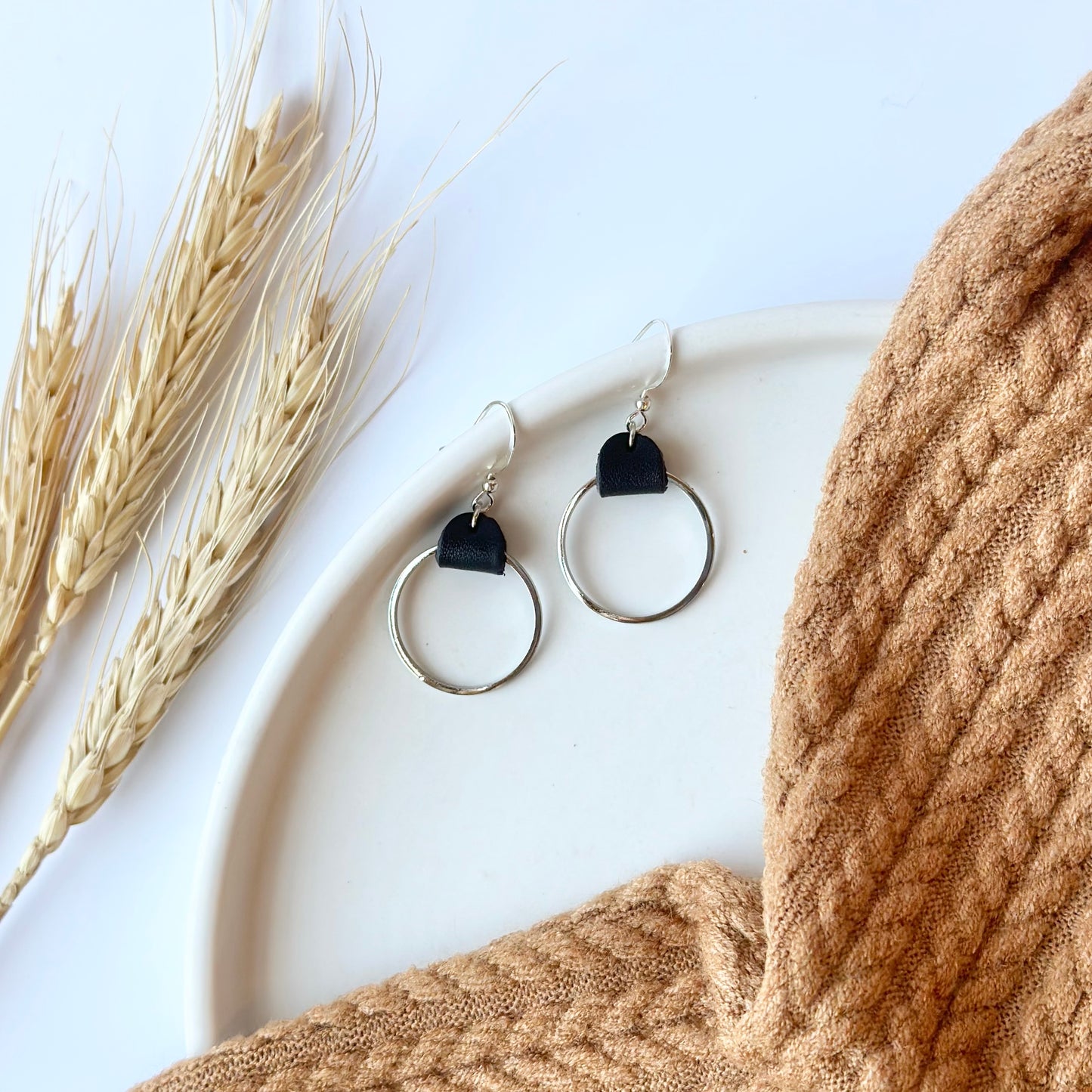 Black Leather + Rhodium Hoop Earrings - Small