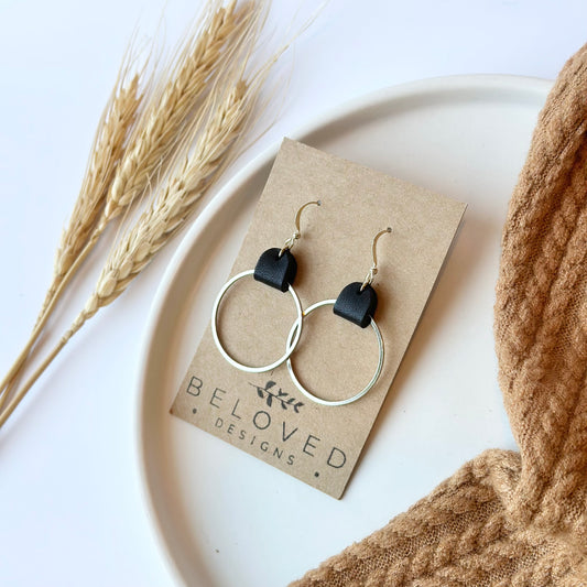 Black Leather + Rhodium Hoop Earrings - Large