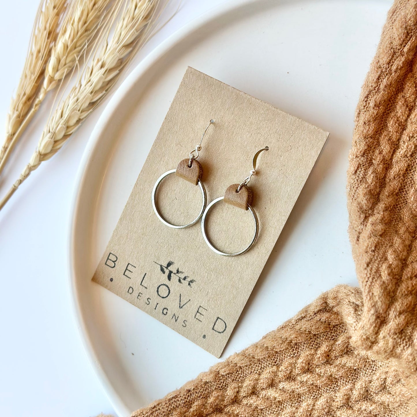 Camel Leather + Rhodium Hoop Earrings - Small