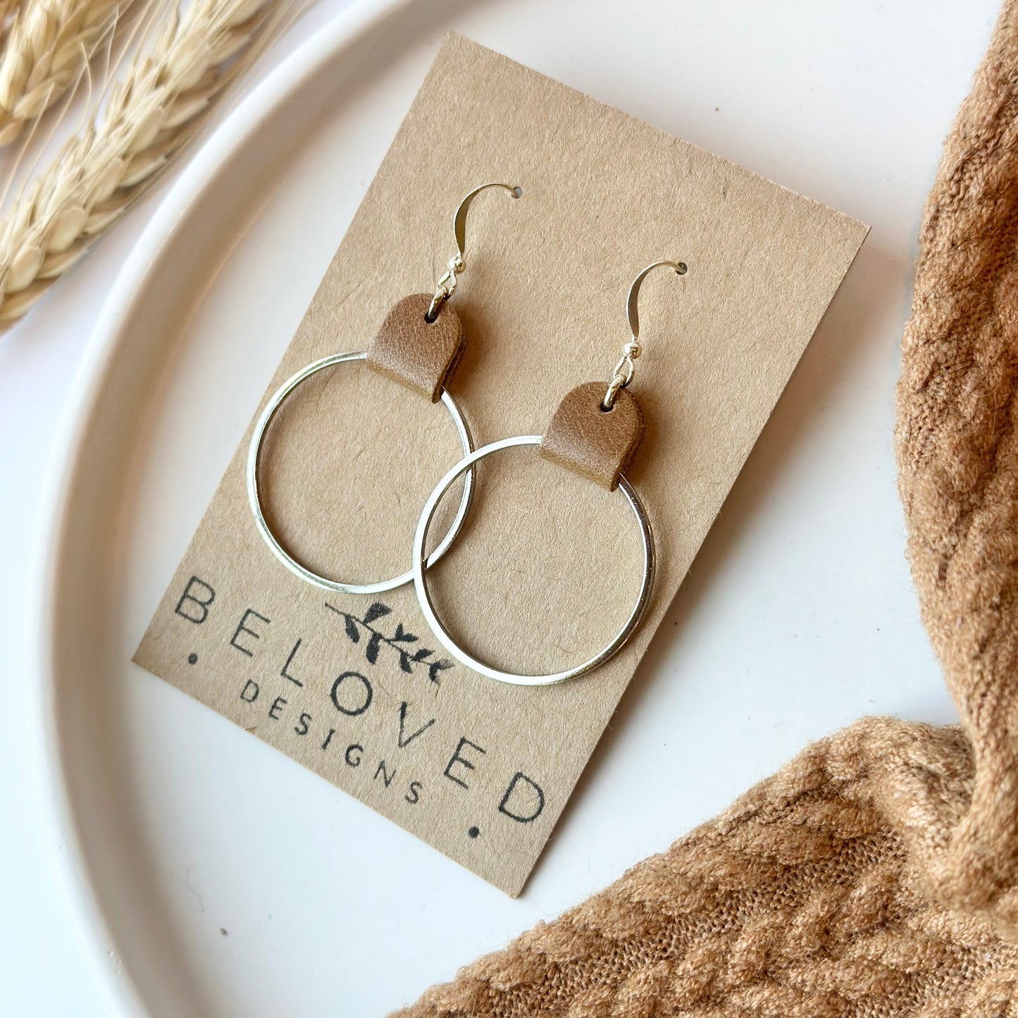 Camel Leather + Rhodium Hoop Earrings - Large