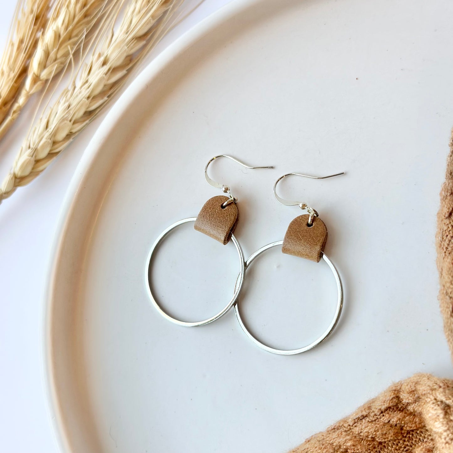 Camel Leather + Rhodium Hoop Earrings - Large