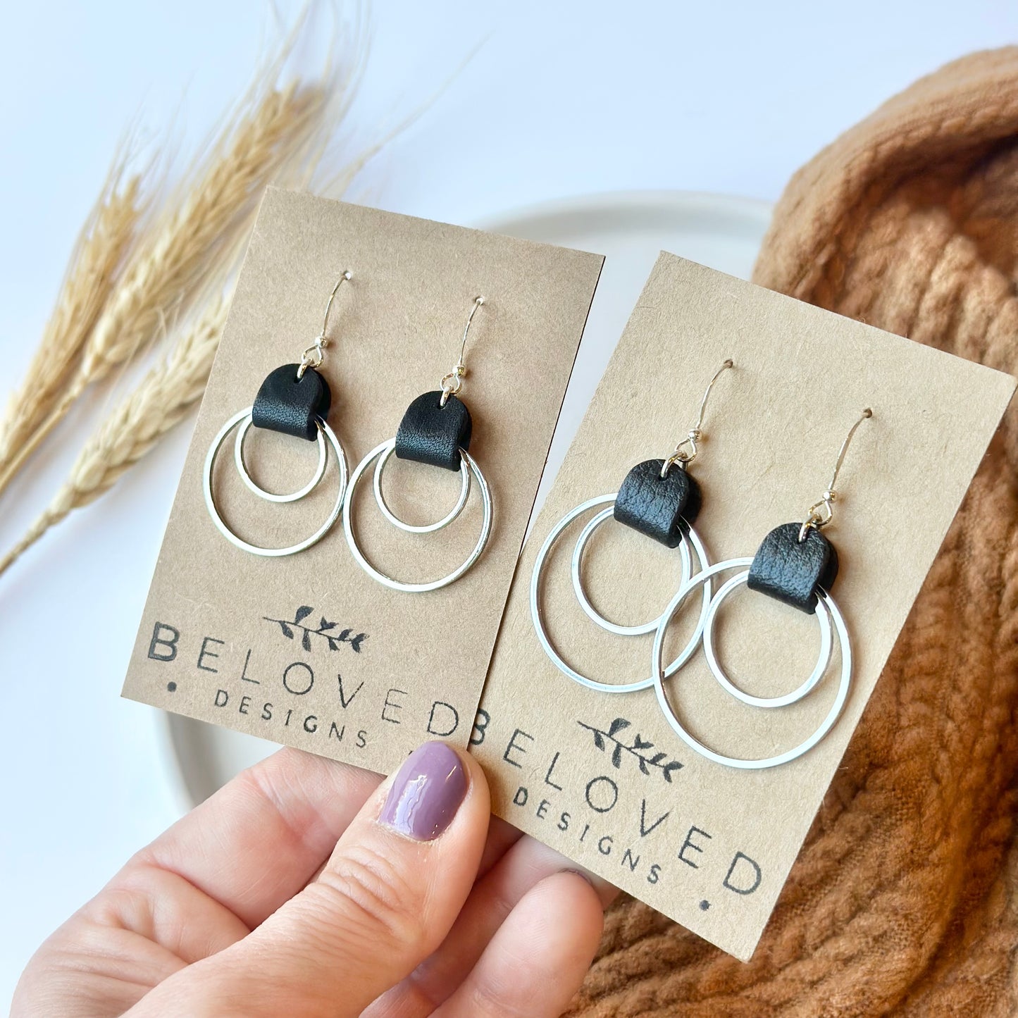 Black Leather + Double Rhodium Hoop Earrings - Medium