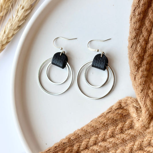 Black Leather + Double Rhodium Hoop Earrings - Large