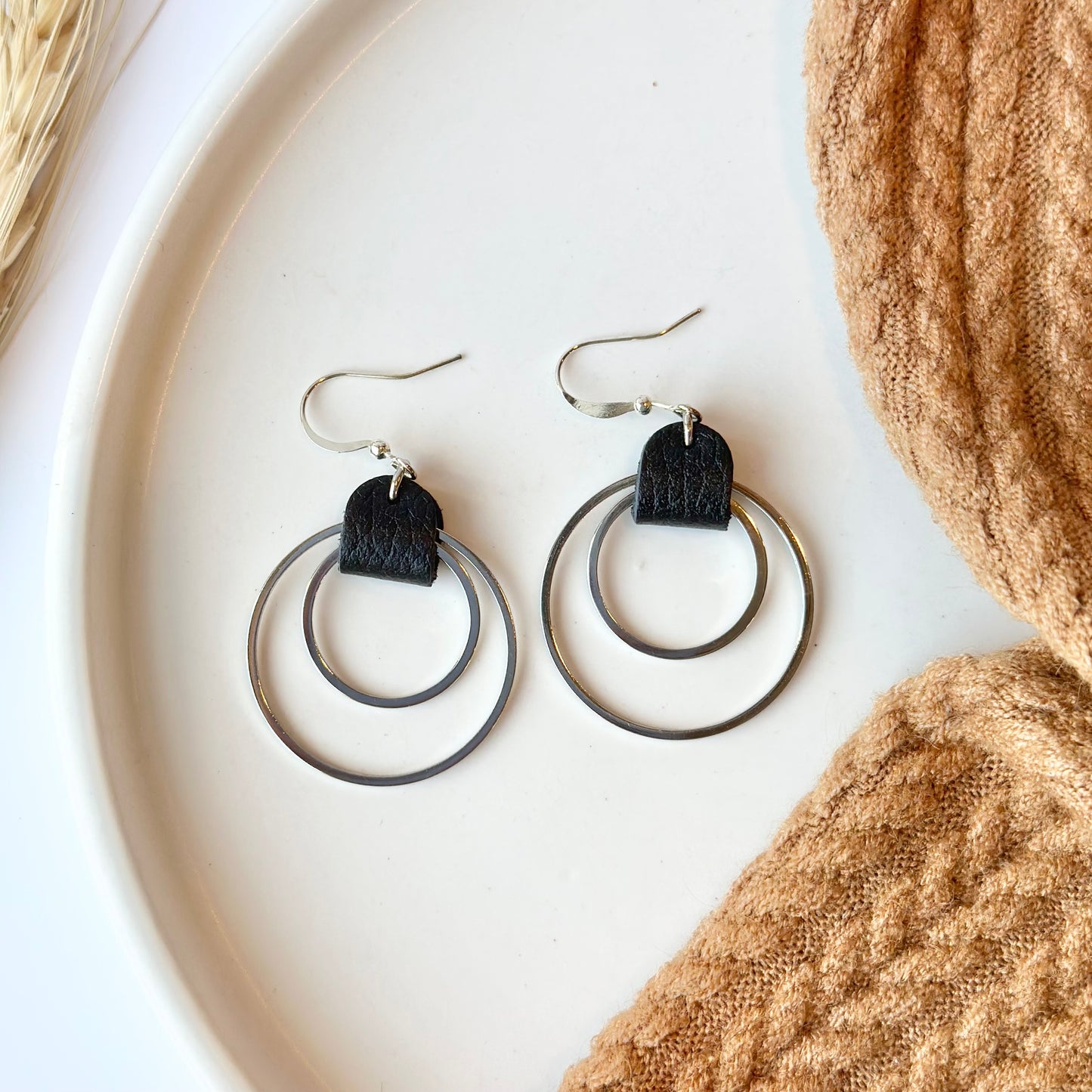 Black Leather + Double Rhodium Hoop Earrings - Large